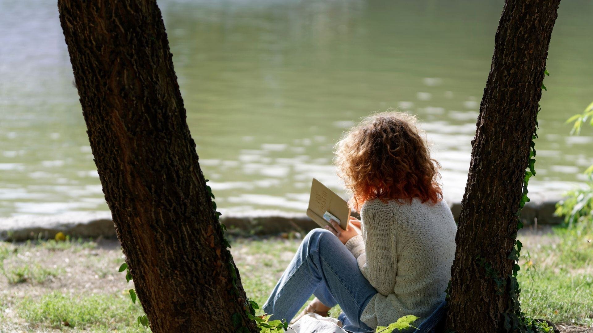 person sitting by the lake between two trees reading a book